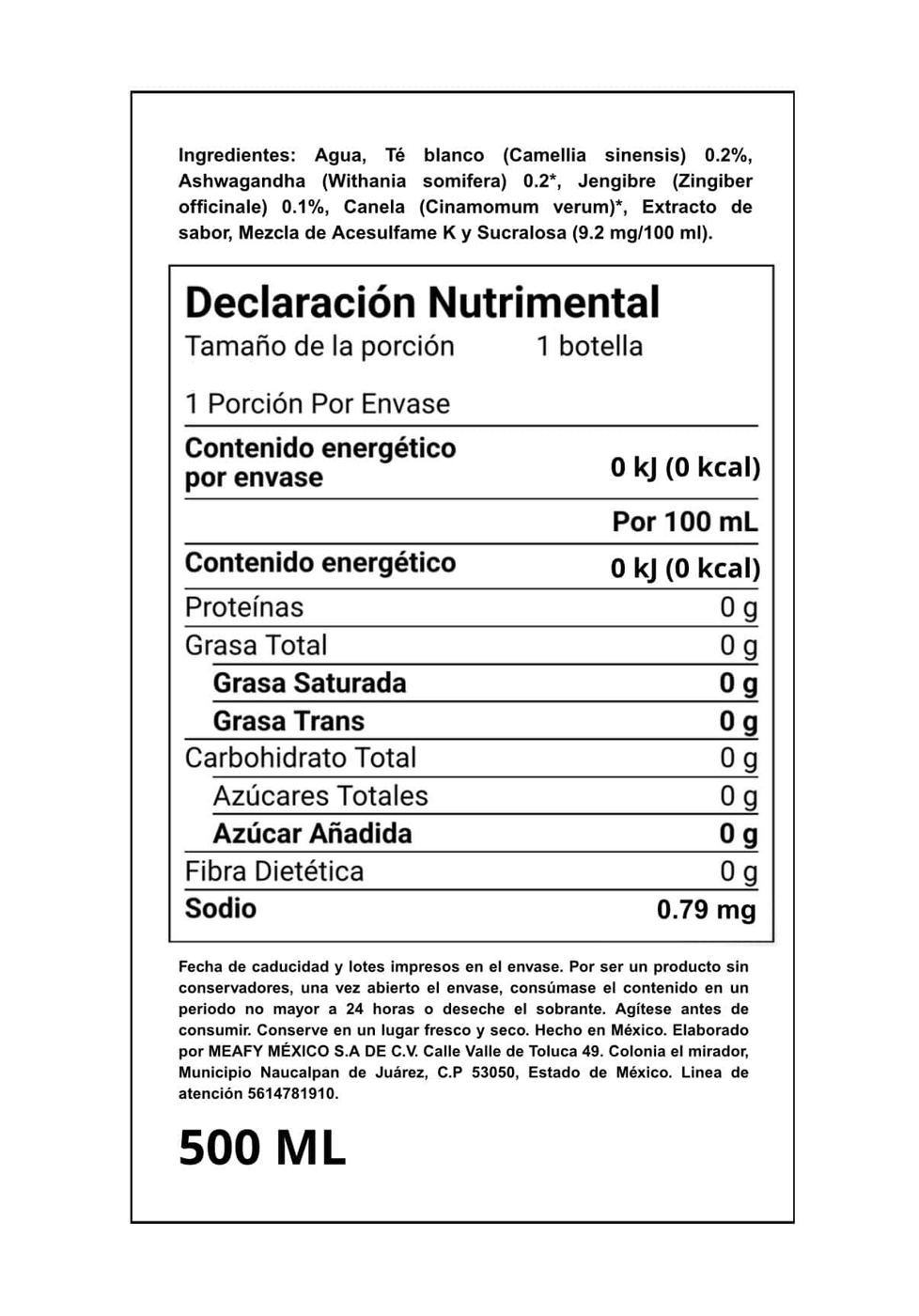 Etiqueta nutrimental de Releaf Tea: 0 kcal, 0 g de azúcar, 0.79 mg de sodio por botella de 500 ml
